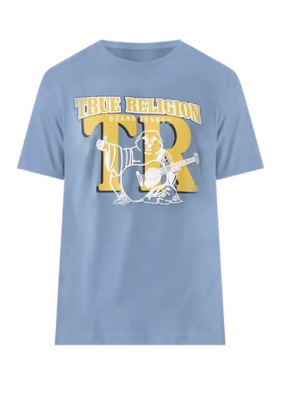 True Religion Light Blue Tee with Yellow & White Logo Graphic